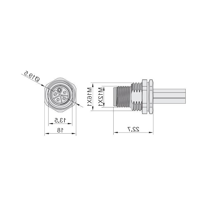 M12 5Pin L-coded、公头直型、法兰插座、板后安装、适用于现场焊接安装、64LB21H